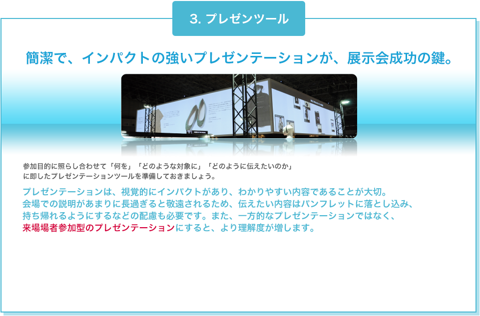 3. プレゼンツール 簡潔で、インパクトの強いプレゼンテーションが、展示会成功の鍵。 参加目的に照らし合わせて「何を」「どのような対象に」「どのように伝えたいのか」に即したプレゼンテーションツールを準備しておきましょう。 プレゼンテーションは、視覚的にインパクトがあり、わかりやすい内容であることが大切。会場での説明があまりに長過ぎると敬遠されるため、伝えたい内容はパンフレットに落とし込み、持ち帰れるようにするなどの配慮も必要です。また、一方的なプレゼンテーションではなく、来場場者参加型のプレゼンテーションにすると、より理解度が増します。