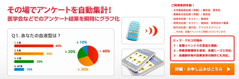 セミナー、学会、展示会などで、参加者とプレゼンターが一体になれる コミュニケーションツール。それが、アンケート集計システムです！